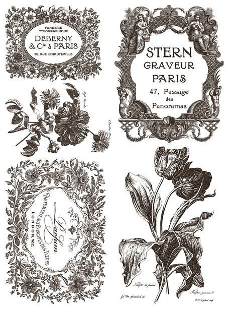 Set of four ornate floral labels inspired by IOD Retired’s Floriography Paint Inlay by Iron Orchid Designs.