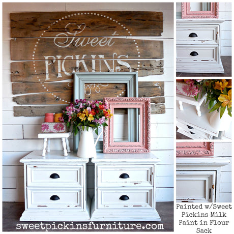 Pair of white nightstands with floral decor, finished in Flour Sack by Sweet Pickins (Old Fashioned Milk Paint), non-toxic.