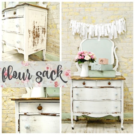Vintage white dresser in Flour Sack by Old Fashioned Milk Paint with wood top and attached mirror.