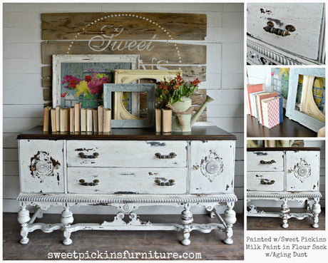 Sideboard painted in Flour Sack by Old Fashioned Milk Paint, styled with art and vases.