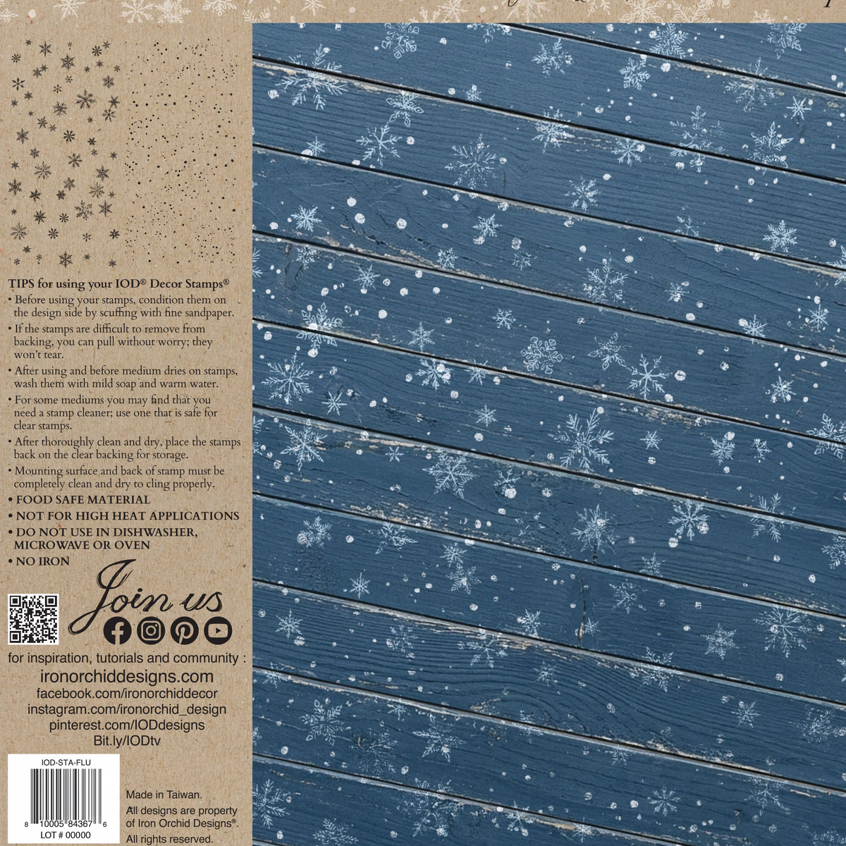 Flurry (2026 Limited Release) Stamp by I.O.D. featuring blue wood planks and snowflake designs; instructions at left.