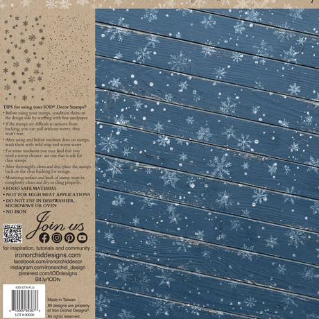 Flurry (2026 Limited Release) Stamp by I.O.D. featuring blue wood planks and snowflake designs; instructions at left.