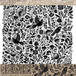 Black-and-white floral folk art pattern with birds and leaves, Folk Story Stamp by I.O.D., Iron Orchid Designs.