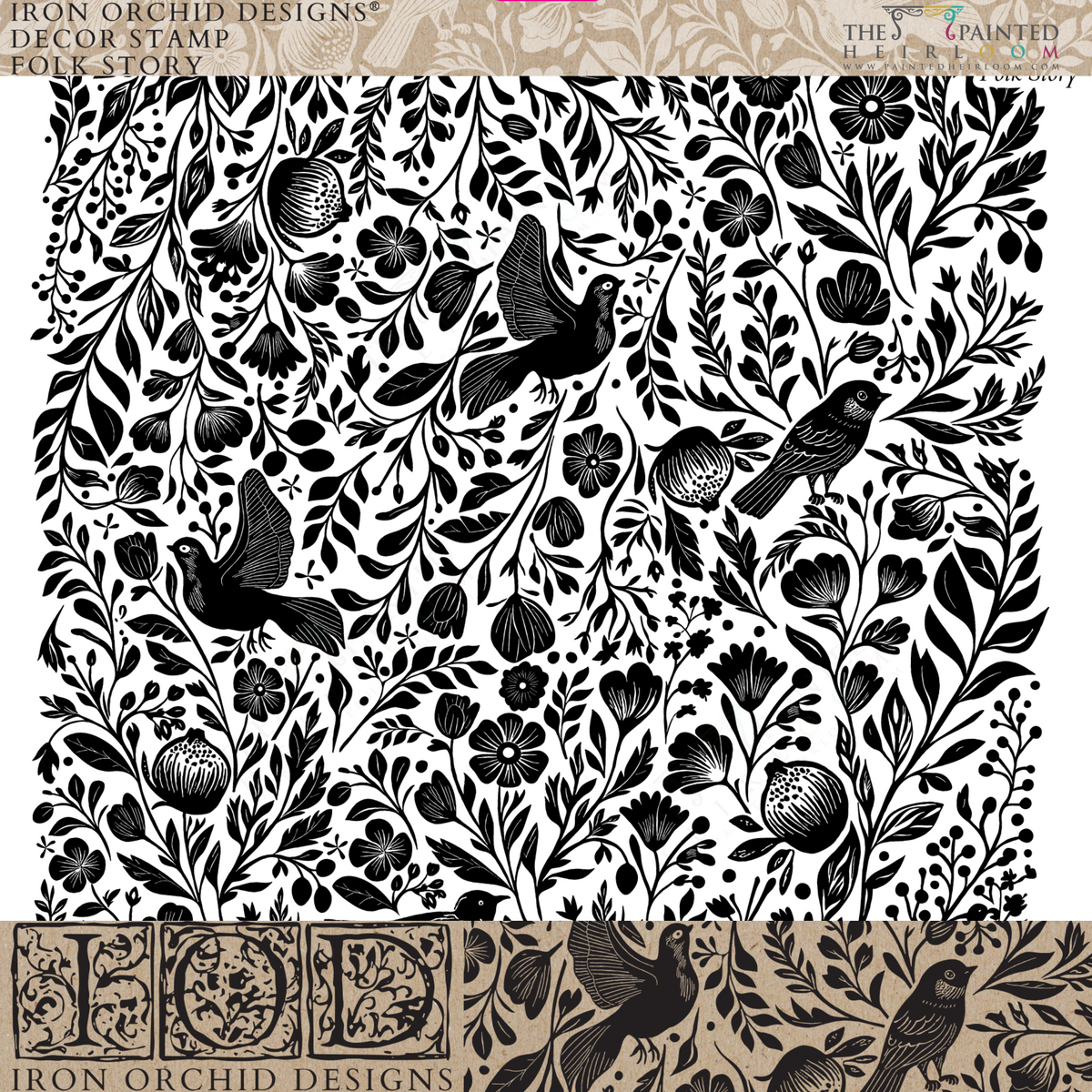 Black-and-white floral folk art pattern with birds and leaves, Folk Story Stamp by I.O.D., Iron Orchid Designs.
