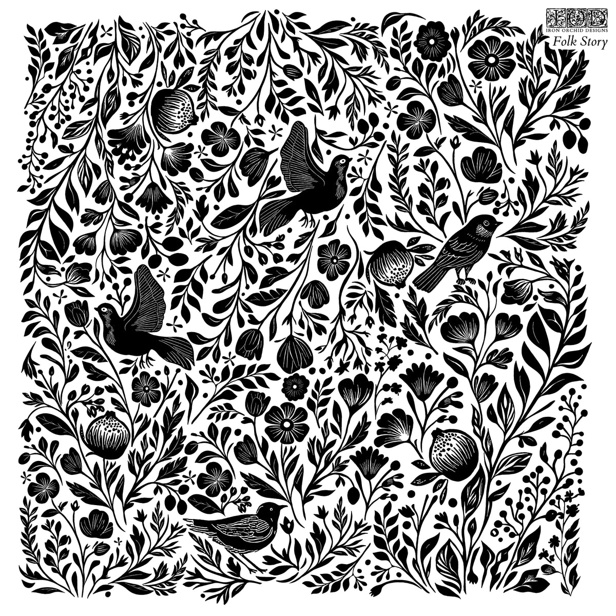 Black-and-white floral and bird print with detailed leaves, Folk Story Stamp by I.O.D. label in the corner.