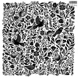 Black-and-white floral and bird print with detailed leaves, Folk Story Stamp by I.O.D. label in the corner.