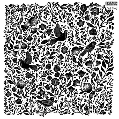 Black-and-white floral and bird print with detailed leaves, Folk Story Stamp by I.O.D. label in the corner.