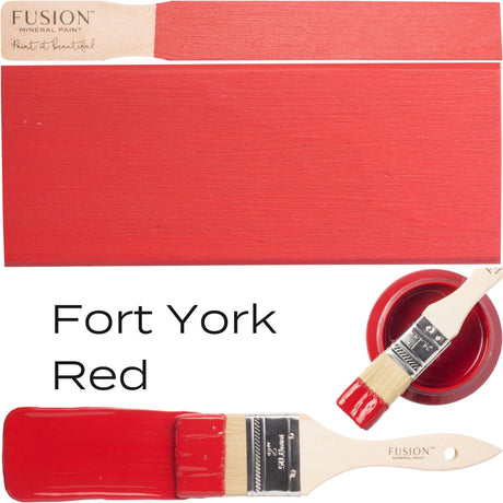 Fort York Red Fusion Mineral Paint jar with accompanying sample paintbrush.