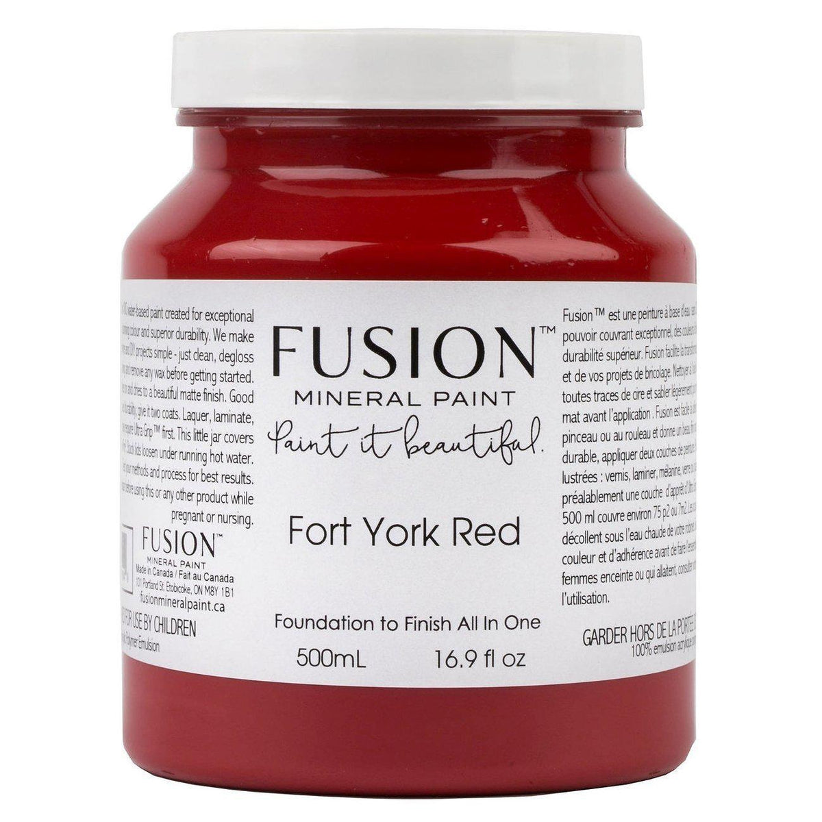 500mL jar of Fort York Red Fusion Mineral Paint with visible label, all-in-one acrylic by Fusion Mineral Paint.