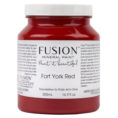 500mL jar of Fort York Red Fusion Mineral Paint with visible label, all-in-one acrylic by Fusion Mineral Paint.