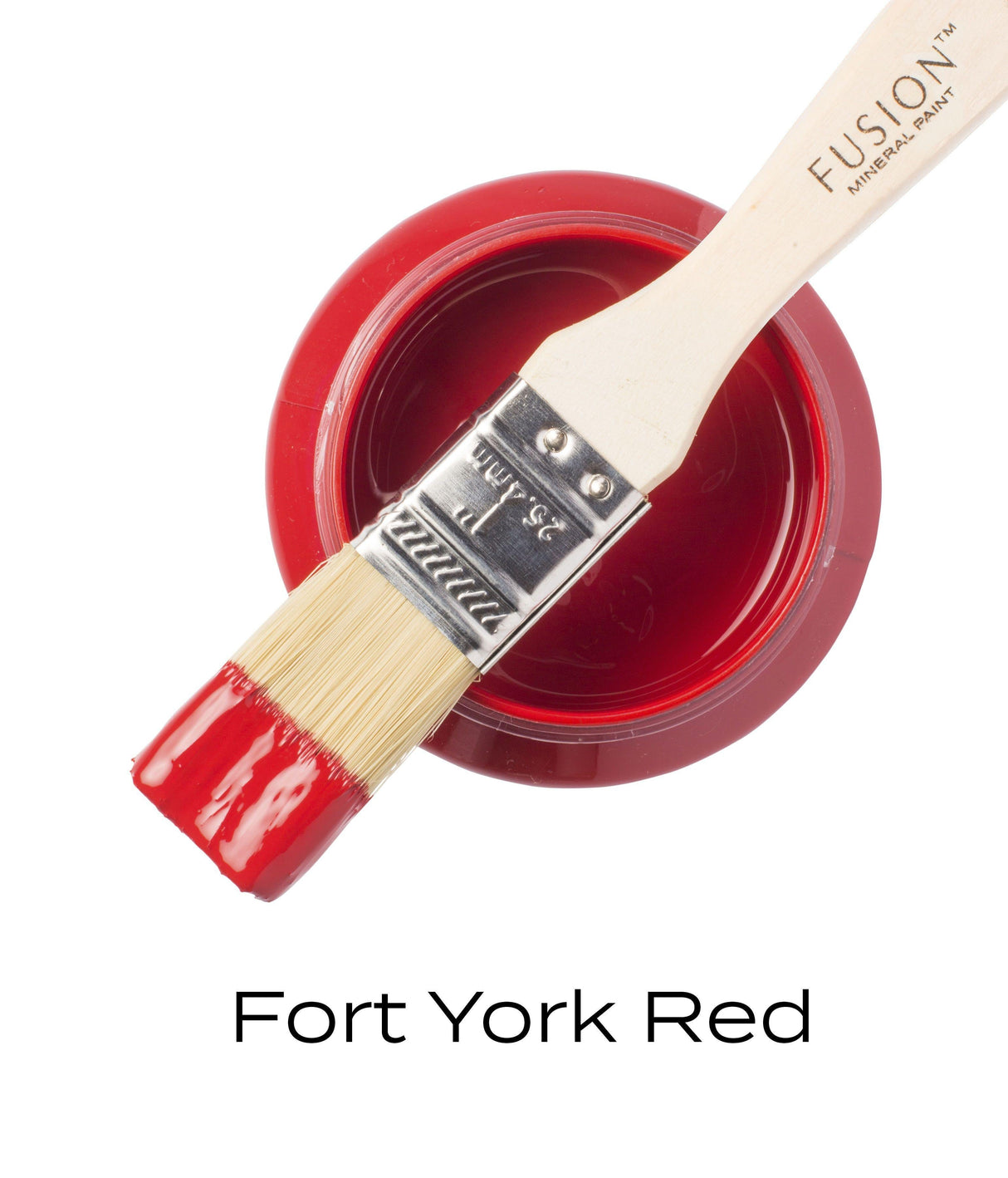 Fusion Mineral Paint Fort York Red can, open with brush dipped in paint, viewed from above.