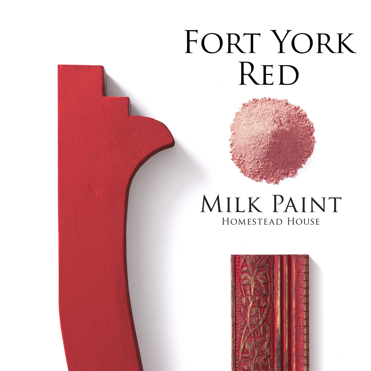 Fort York Red Milk Paint by Homestead House with red painted wood trim and a pile of red powder.