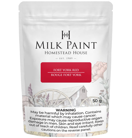 50g Fort York Red Milk Paint pouch by Homestead House with floral design and visible warning label on packaging.
