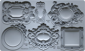 Six empty mini frames from the Frames 3 Mould by I.O.D. shown on a gray surface.