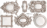 Six ornate mini frames made with I.O.D. Frames 3 Mould by Iron Orchid Designs on a plain white background.