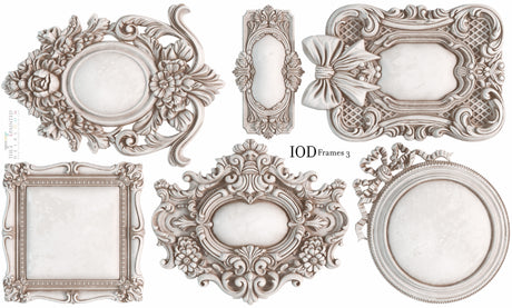 Six ornate mini frames made with I.O.D. Frames 3 Mould by Iron Orchid Designs on a plain white background.