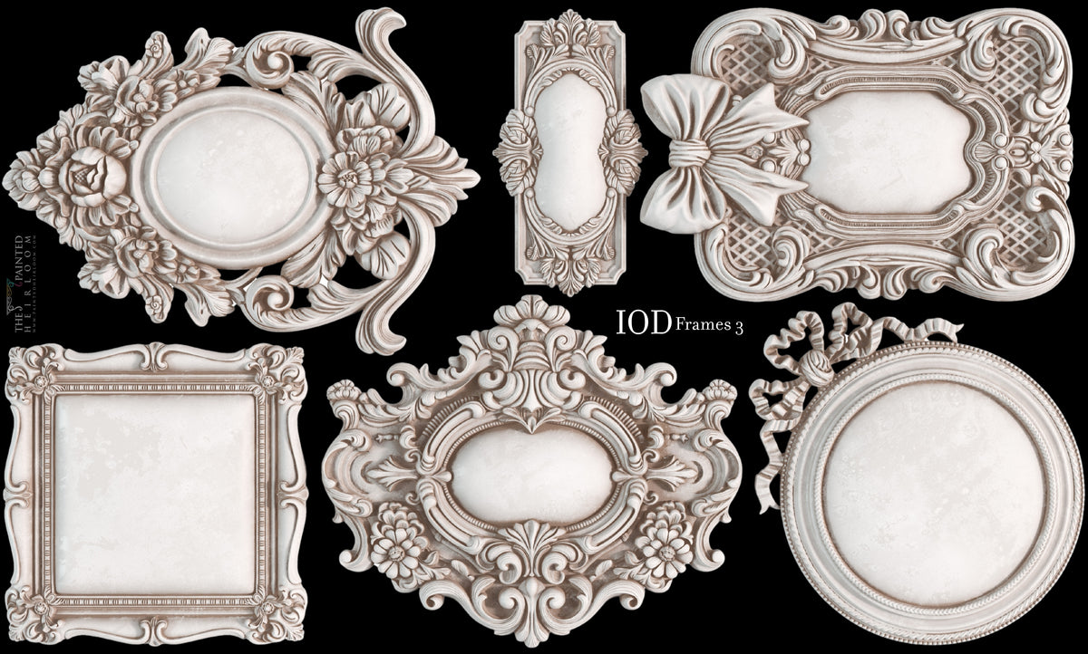 Six Frames 3 Mould by IOD featuring mini frames with floral and ribbon details.