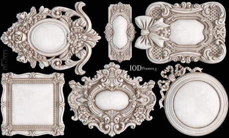 Six Frames 3 Mould by IOD featuring mini frames with floral and ribbon details.