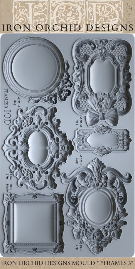 IOD Frames 3 Mould with ornate vintage mini frame designs for crafting, by Iron Orchid Designs.