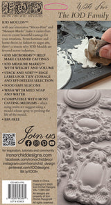 Hand pressing I.O.D. Frames 3 Mould with packaging showing Iron Orchid Designs vintage mini frame benefits.
