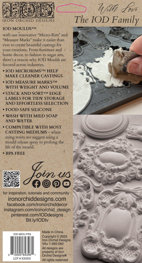 Hand pressing I.O.D. Frames 3 Mould with packaging showing Iron Orchid Designs vintage mini frame benefits.