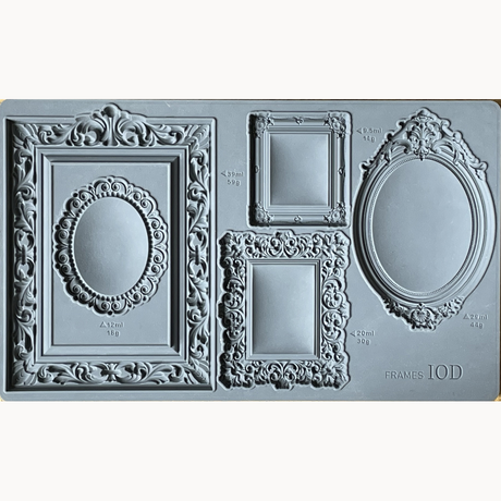 I.O.D. Frames Mould by Iron Orchid Designs, gray silicone mould with five vintage-style ornate frame shapes.