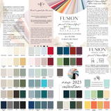 Fusion Mineral Paint digital downloads with color chart, paint swatches, and usage instructions shown.