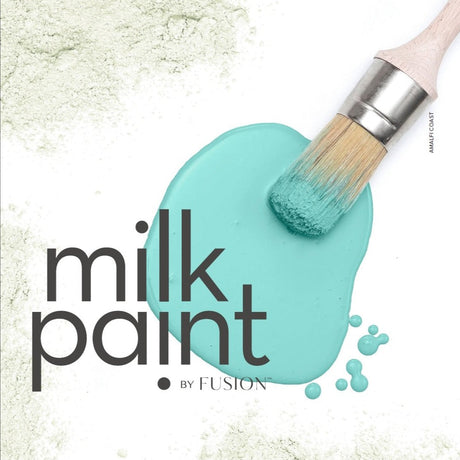 Brush with teal Fusion Mineral Paint on a spill, “FREE Fusion Paint Info Downloads” text overlay.