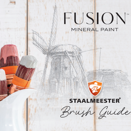 Three brushes in a white pot labeled “FREE Fusion Paint Info Digital Downloads by Fusion Mineral Paint,” windmill sketch.