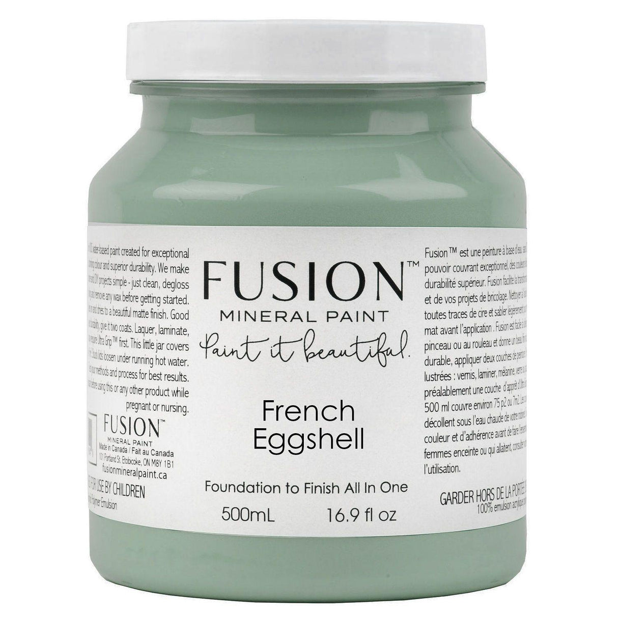500ml jar of Fusion Mineral Paint in French Eggshell with white and black label.