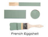 Fusion Mineral Paint French Eggshell with brush, paint dish, and color swatches shown.