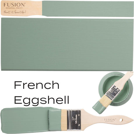Fusion Mineral Paint French Eggshell paintbrush, painted wood sample, and painted bowl shown together.