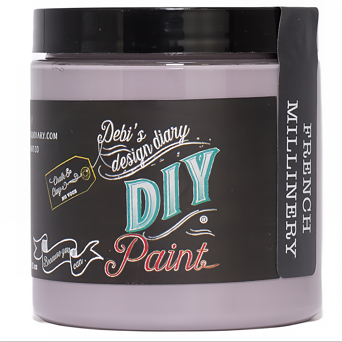 DIY Paint Co. French Millinery paint jar with black lid and eco-friendly label.