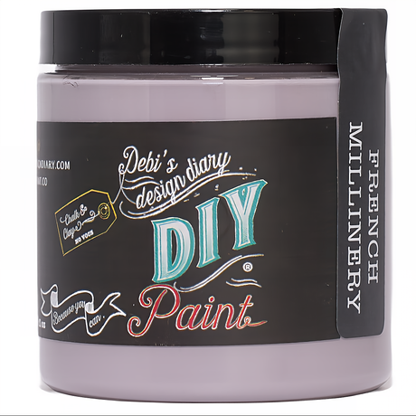 DIY Paint Co. French Millinery paint jar with black lid and eco-friendly label.