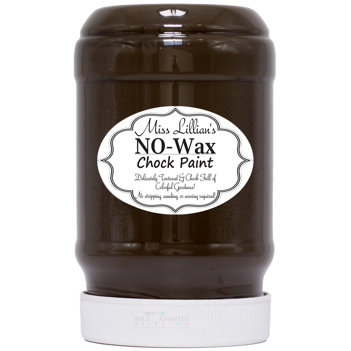 Miss Lillian’s French Roast No-Wax Chock Paint brown jar with white lid and labeled for furniture use.