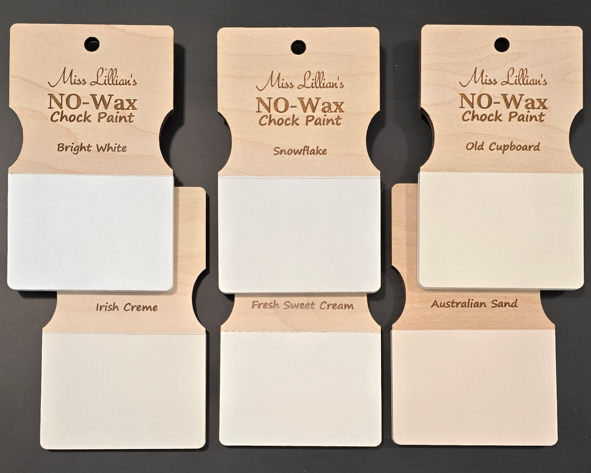 Five wood sample cards featuring Miss Lillian’s Snowflake No-Wax Chock Paint displayed in a row.