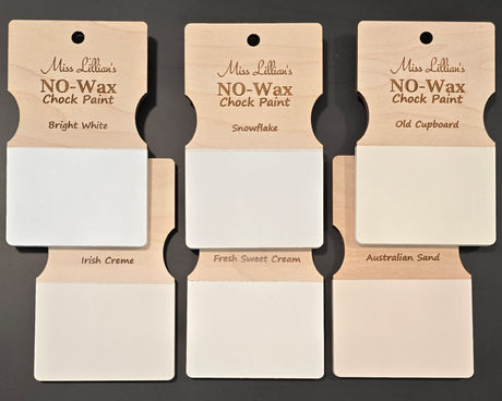 Five wood sample cards featuring Miss Lillian’s Snowflake No-Wax Chock Paint displayed in a row.