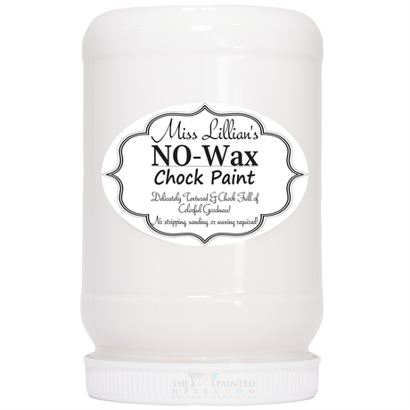 Miss Lillian’s Fresh Sweet Cream No-Wax Chock Paint in a white jar with labeled decor details.