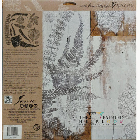 Leaf and fern sketches with Fronds Stamp by I.O.D. printed on rustic wood, vintage botanical style with text.
