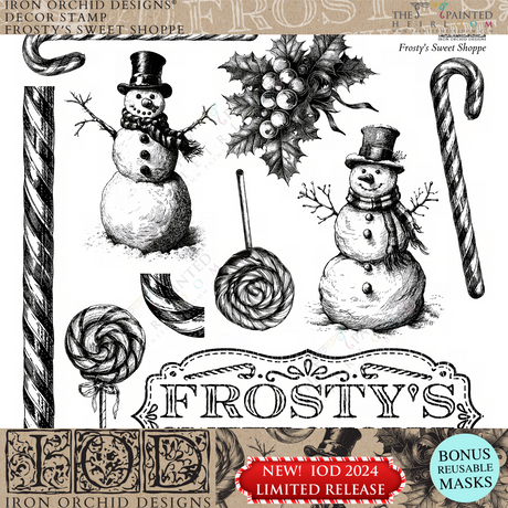 I.O.D. 2024 Frosty’s Sweet Shoppe Stamp for Christmas-themed crafts and decor.