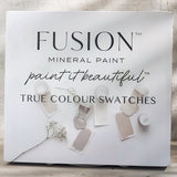 Fusion Mineral Paint Briefcase Swatch Box Set with paint color swatches, containers, and True Colour Swatches displayed.