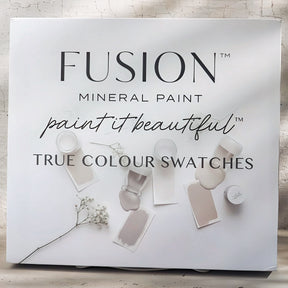 Fusion Mineral Paint Briefcase Swatch Box Set with paint color swatches, containers, and True Colour Swatches displayed.
