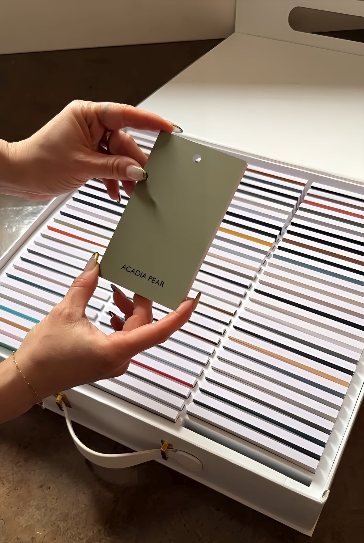 Hand holds Acadia Pear above a Fusion Mineral Paint Briefcase Swatch Box Set with rows of colorful paint swatches.