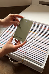 Hand holds Acadia Pear above a Fusion Mineral Paint Briefcase Swatch Box Set with rows of colorful paint swatches.