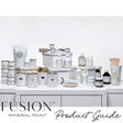 Fusion Mineral Paint Product Guide displayed on white tables with a plain white background.