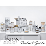 Fusion Mineral Paint Product Guide displayed on white tables with a plain white background.