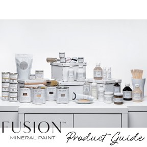 Fusion Mineral Paint Product Guide displayed on white tables with a plain white background.