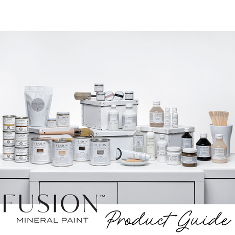 Fusion Mineral Paint Product Guide displayed on white tables with a plain white background.