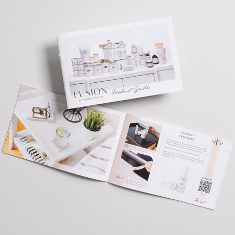 Two open Fusion Mineral Paint Product Guides from Fusion Mineral Paint displayed side by side.