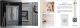 Blue-gray Fusion Mineral Paint cabinet beside Fusion Mineral Paint Product Guide and Fresco packaging.